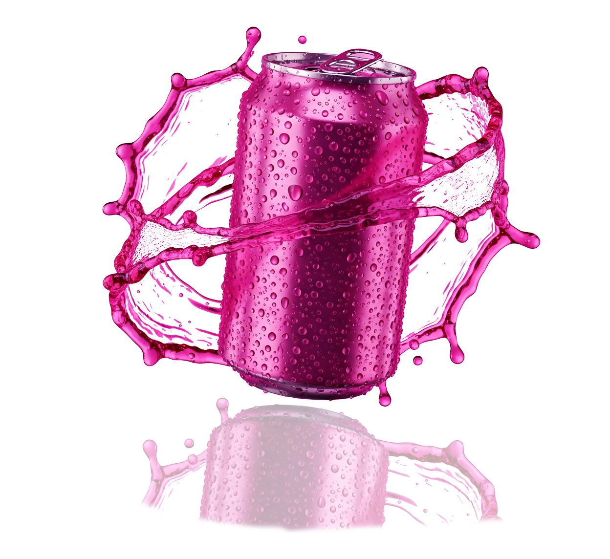 Cannette rose qui tourne sur elle-même avec un tourbillon de liquide rose