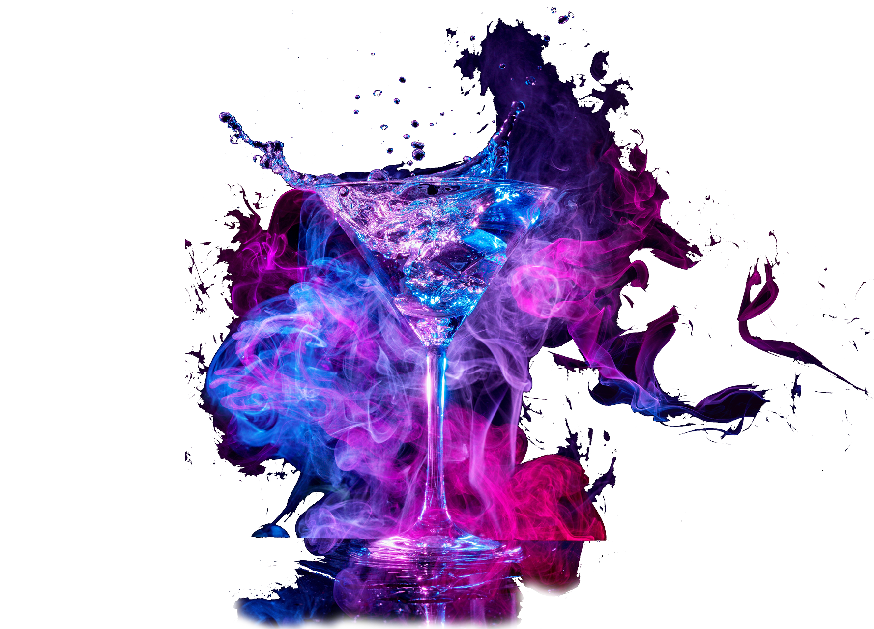 Visuel d'un verre de cocktail sophistiqué avec nuage de fumée de couleurs vives pour illustrer la page Expertises Sites Web
